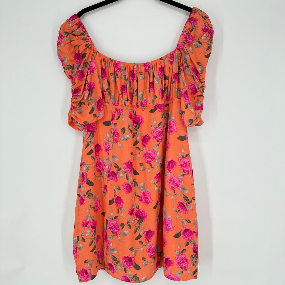 WAYF Liv Puff Short Sleeve Womens Mini Dress Bright Orange Pink Floral Rose XS